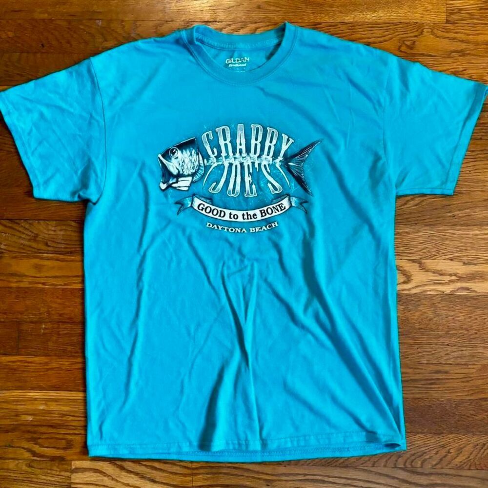Y2K Crabby Joe's Daytona Beach Florida "Good to the Bone" Fish Graphic Tee Teal